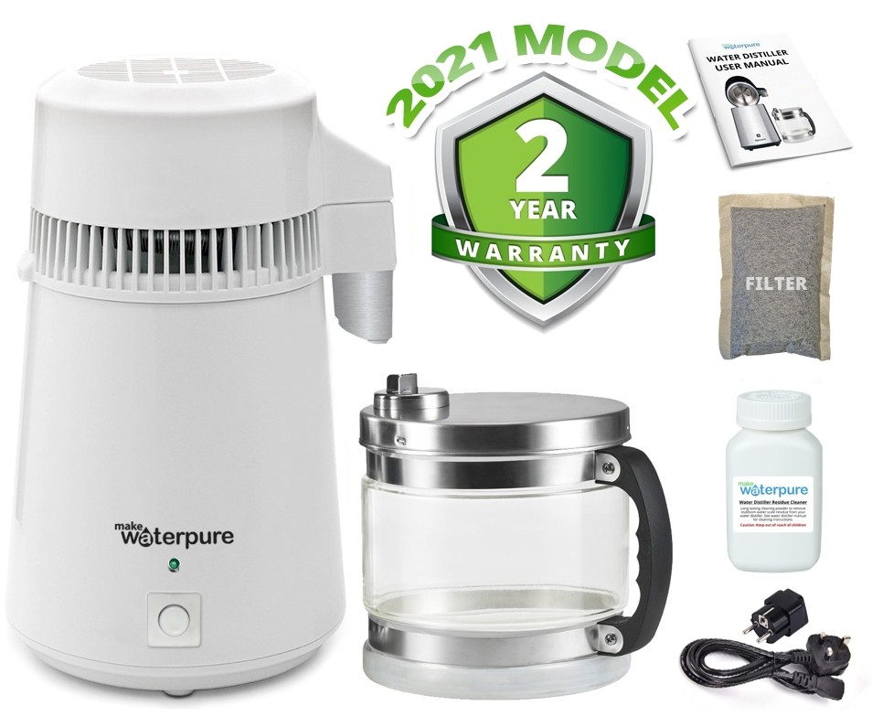 White Stainless Steel Water Distiller with Glass Collection Jug